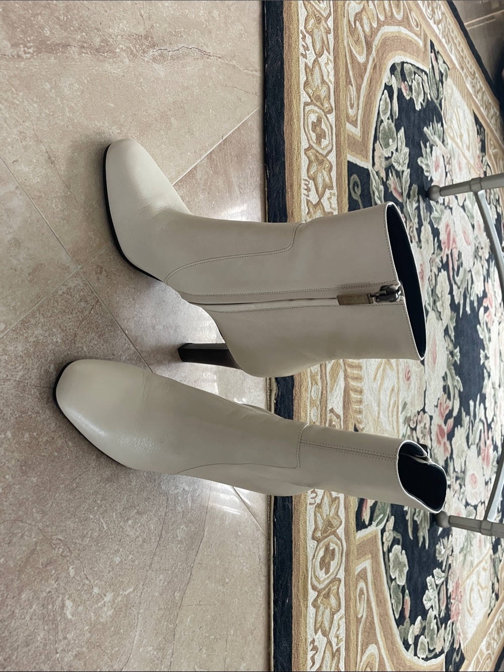 Saint Laurent Ivory Leather Mid-Calf Heeled Boots with Side Zip